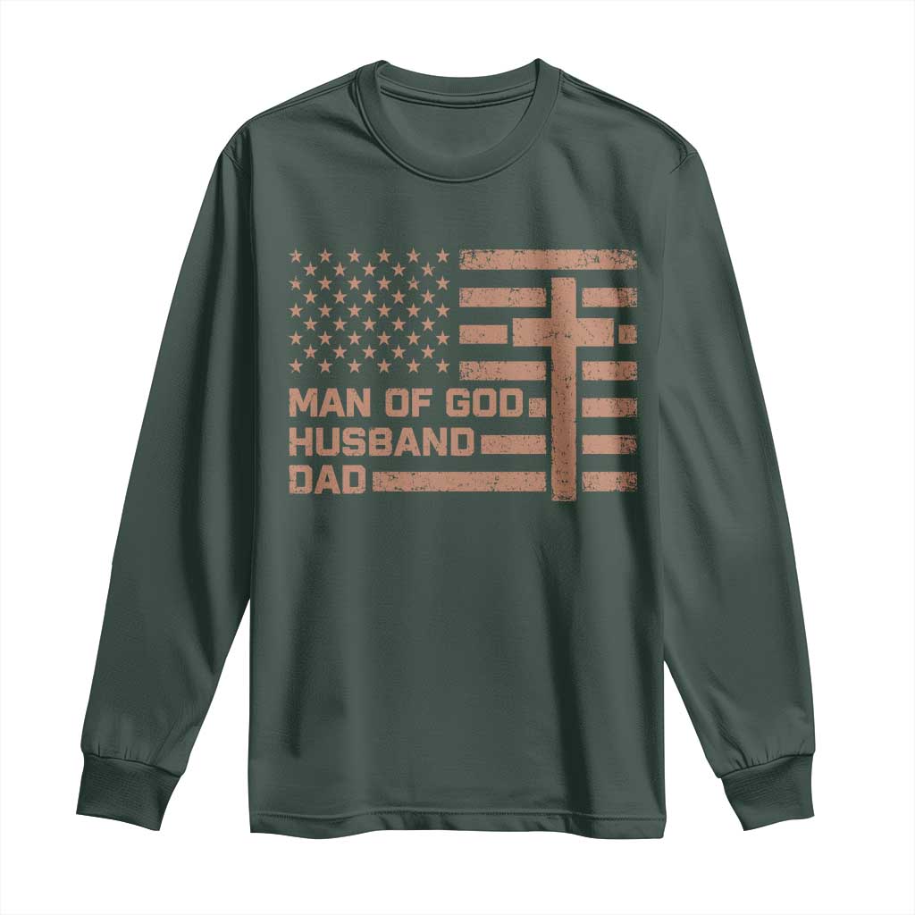 Man of God Husband Dad Christian Dad Father's Day Long Sleeve Shirt Vintage American Flag TS11 Dark Forest Green Print Your Wear