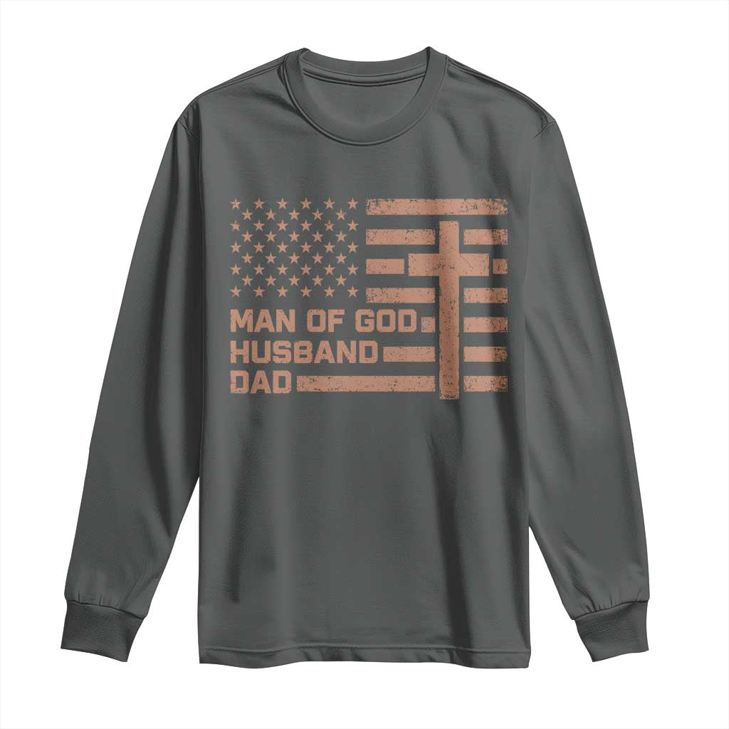 Man of God Husband Dad Christian Dad Father's Day Long Sleeve Shirt Vintage American Flag TS11 Dark Heather Print Your Wear