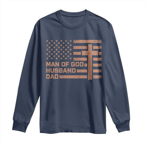 Man of God Husband Dad Christian Dad Father's Day Long Sleeve Shirt Vintage American Flag TS11 Navy Print Your Wear