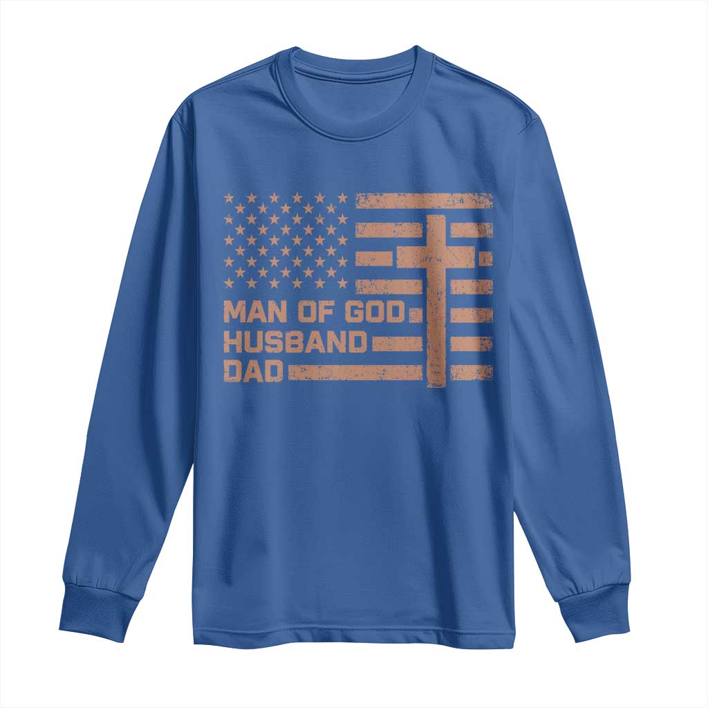 Man of God Husband Dad Christian Dad Father's Day Long Sleeve Shirt Vintage American Flag TS11 Royal Blue Print Your Wear
