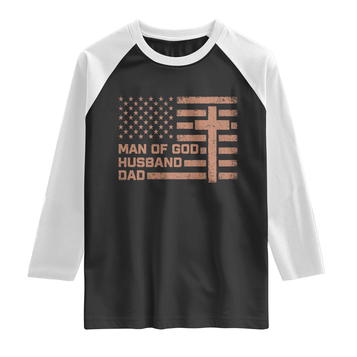 Man of God Husband Dad Christian Dad Father's Day Raglan Shirt Vintage American Flag TS11 Black White Print Your Wear