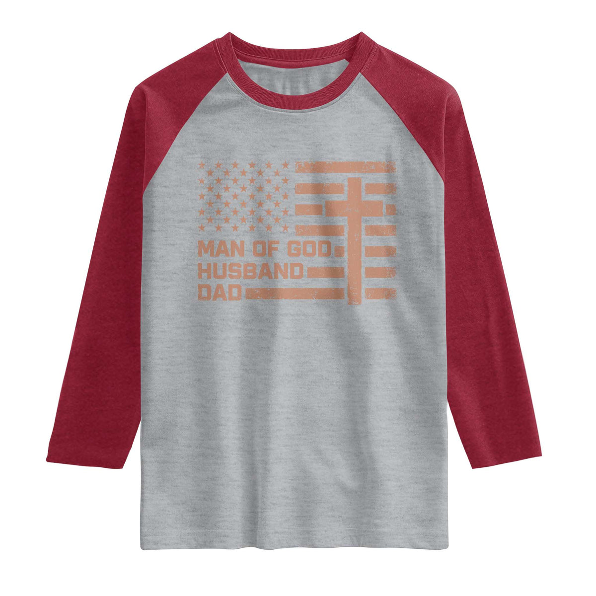 Man of God Husband Dad Christian Dad Father's Day Raglan Shirt Vintage American Flag TS11 Heather Gray Heather Red Print Your Wear