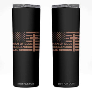 Man of God Husband Dad Christian Dad Father's Day Skinny Tumbler Vintage American Flag TS11 Black Print Your Wear