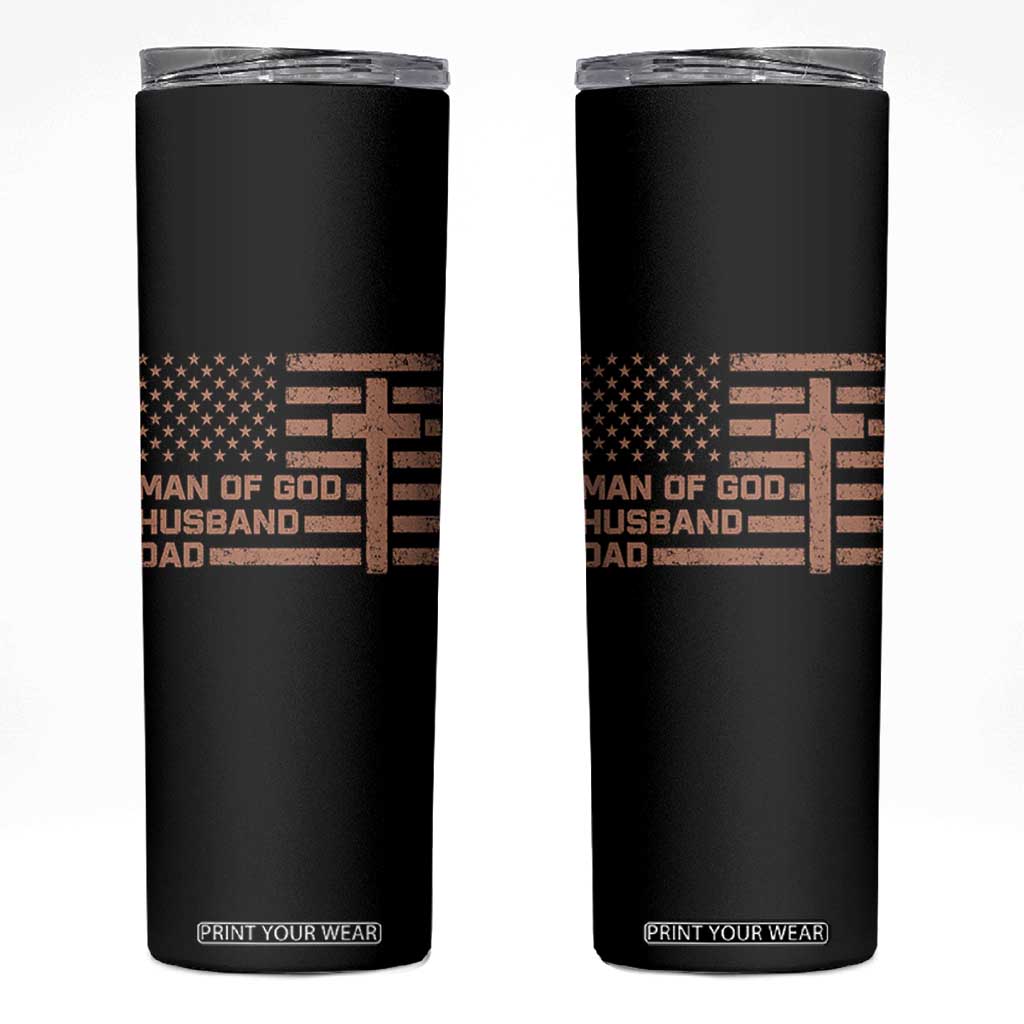 Man of God Husband Dad Christian Dad Father's Day Skinny Tumbler Vintage American Flag TS11 Black Print Your Wear