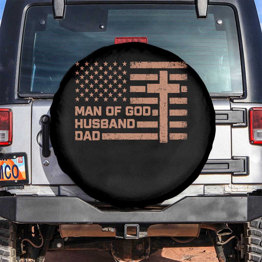 Man of God Husband Dad Christian Dad Father's Day Spare Tire Cover Vintage American Flag TS11 No hole Black Print Your Wear