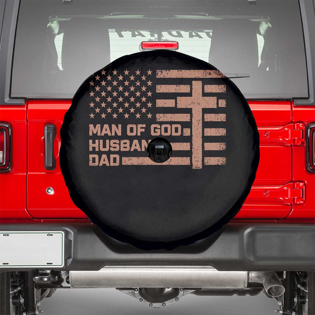 Man of God Husband Dad Christian Dad Father's Day Spare Tire Cover Vintage American Flag TS11 Black Print Your Wear