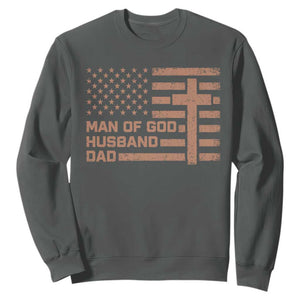 Man of God Husband Dad Christian Dad Father's Day Sweatshirt Vintage American Flag TS11 Dark Heather Print Your Wear