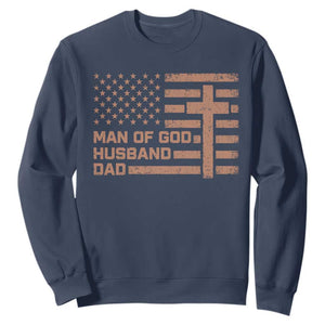 Man of God Husband Dad Christian Dad Father's Day Sweatshirt Vintage American Flag TS11 Navy Print Your Wear