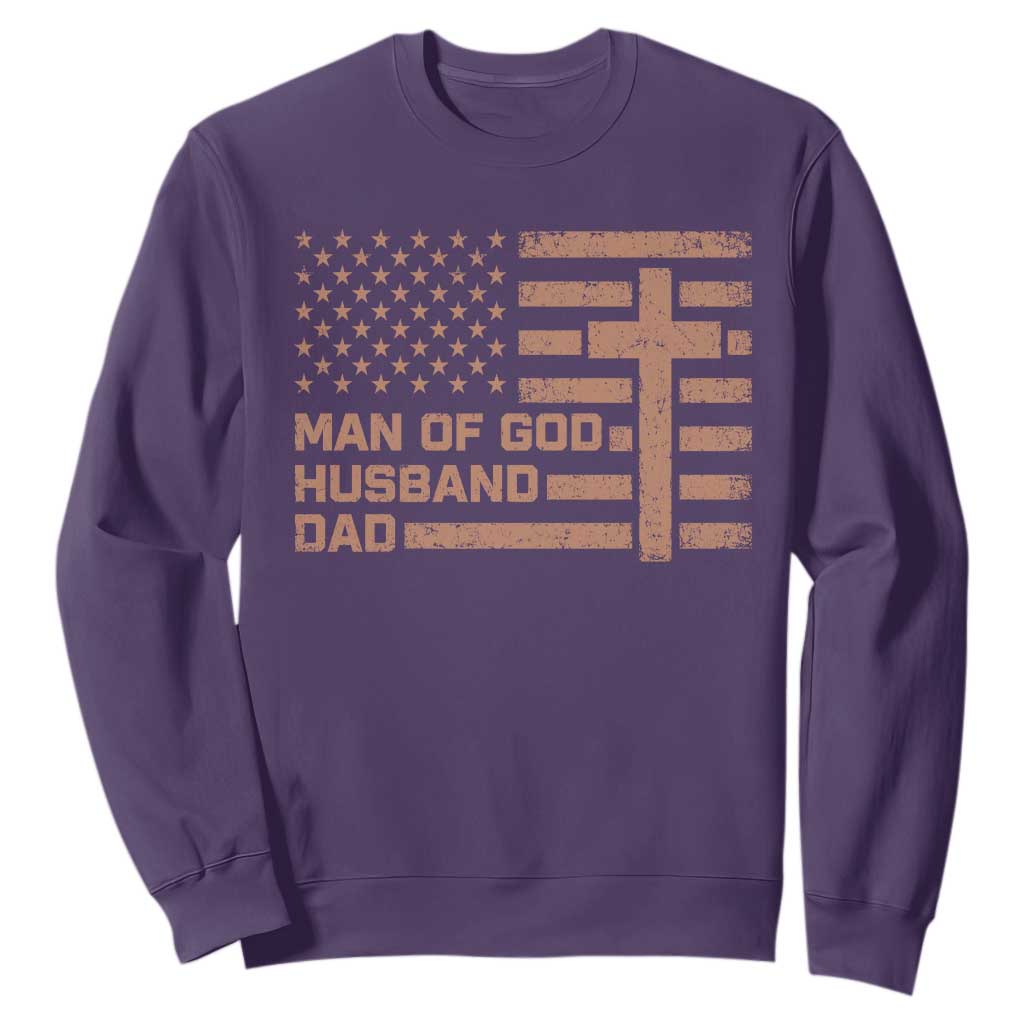 Man of God Husband Dad Christian Dad Father's Day Sweatshirt Vintage American Flag TS11 Purple Print Your Wear