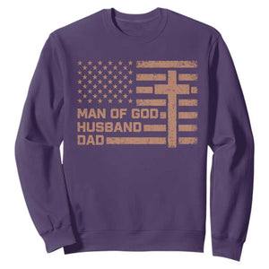 Man of God Husband Dad Christian Dad Father's Day Sweatshirt Vintage American Flag TS11 Purple Print Your Wear