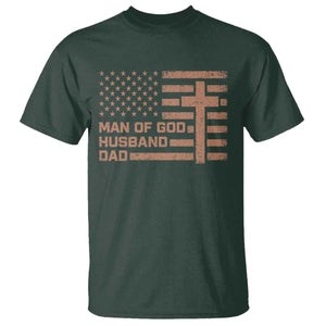 Man of God Husband Dad Christian Dad Father's Day T Shirt Vintage American Flag TS11 Dark Forest Green Print Your Wear