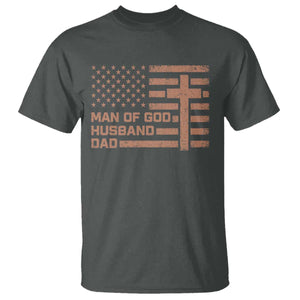 Man of God Husband Dad Christian Dad Father's Day T Shirt Vintage American Flag TS11 Dark Heather Print Your Wear