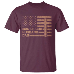 Man of God Husband Dad Christian Dad Father's Day T Shirt Vintage American Flag TS11 Maroon Print Your Wear