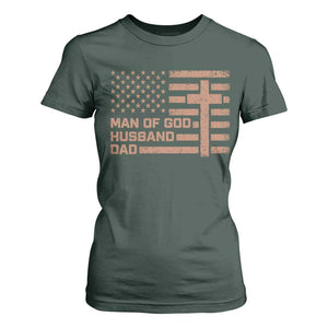 Man of God Husband Dad Christian Dad Father's Day T Shirt For Women Vintage American Flag TS11 Dark Forest Green Print Your Wear