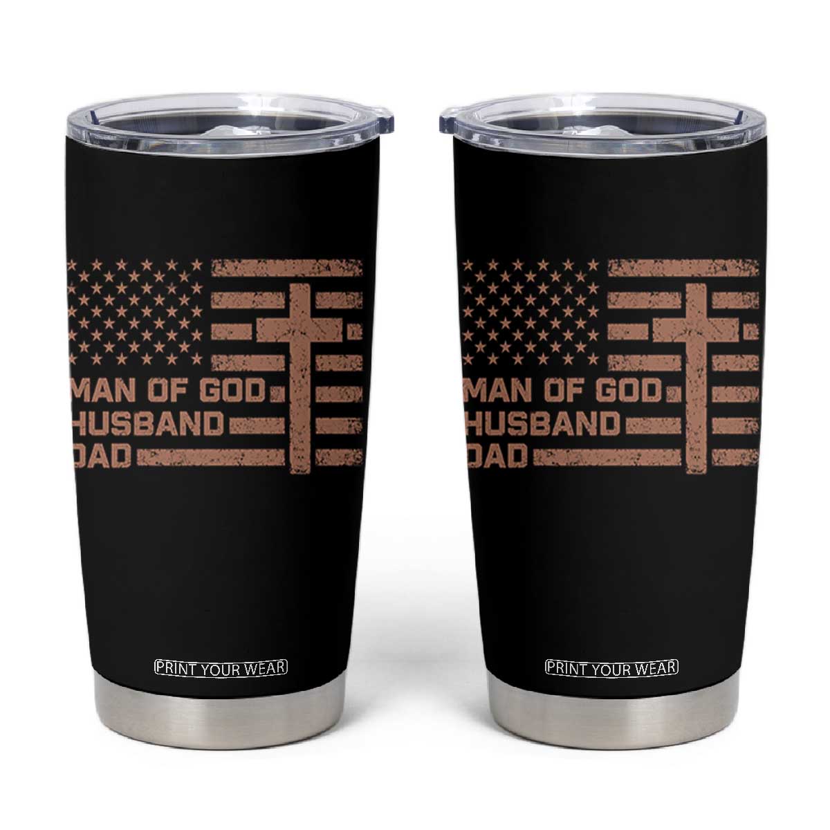 Man of God Husband Dad Christian Dad Father's Day Tumbler Cup Vintage American Flag TS11 Black Print Your Wear