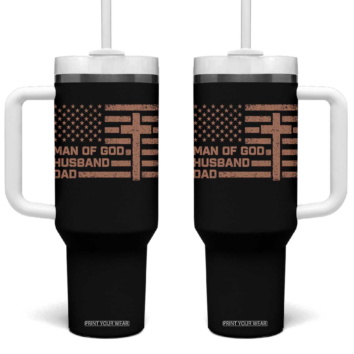 Man of God Husband Dad Christian Dad Father's Day Tumbler With Handle Vintage American Flag TS11 One Size: 40 oz Black Print Your Wear