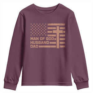Man of God Husband Dad Christian Dad Father's Day Youth Sweatshirt Vintage American Flag TS11 Maroon Print Your Wear