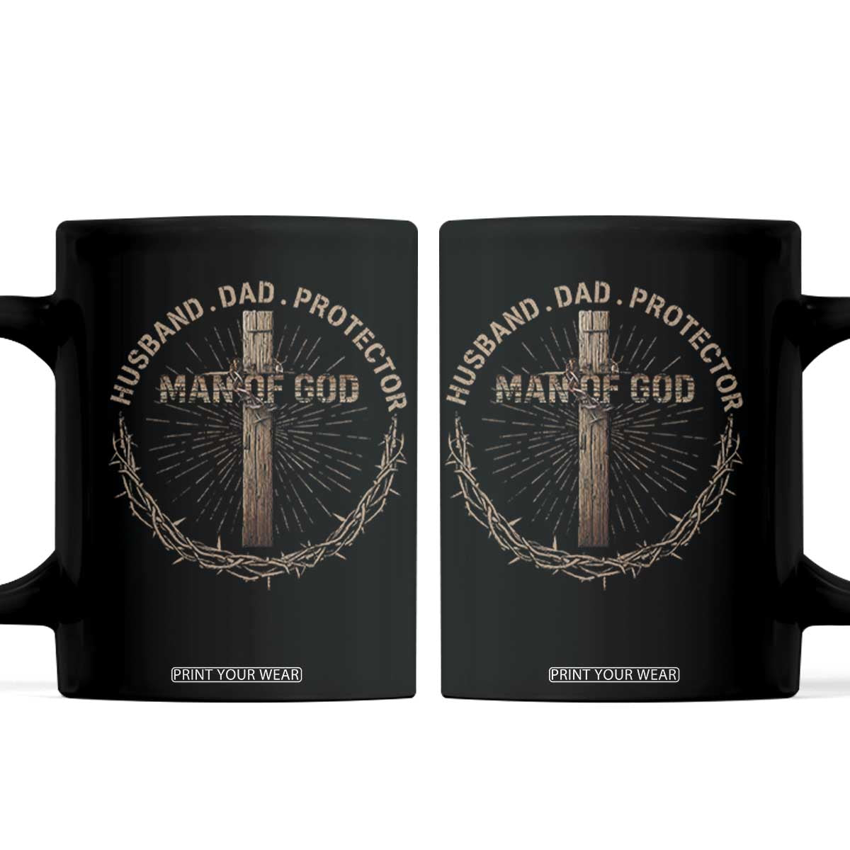 Man Of God Husband Dad Protector Coffee Mug Christian Dad Vintage Jesus Cross TS11 Black Print Your Wear