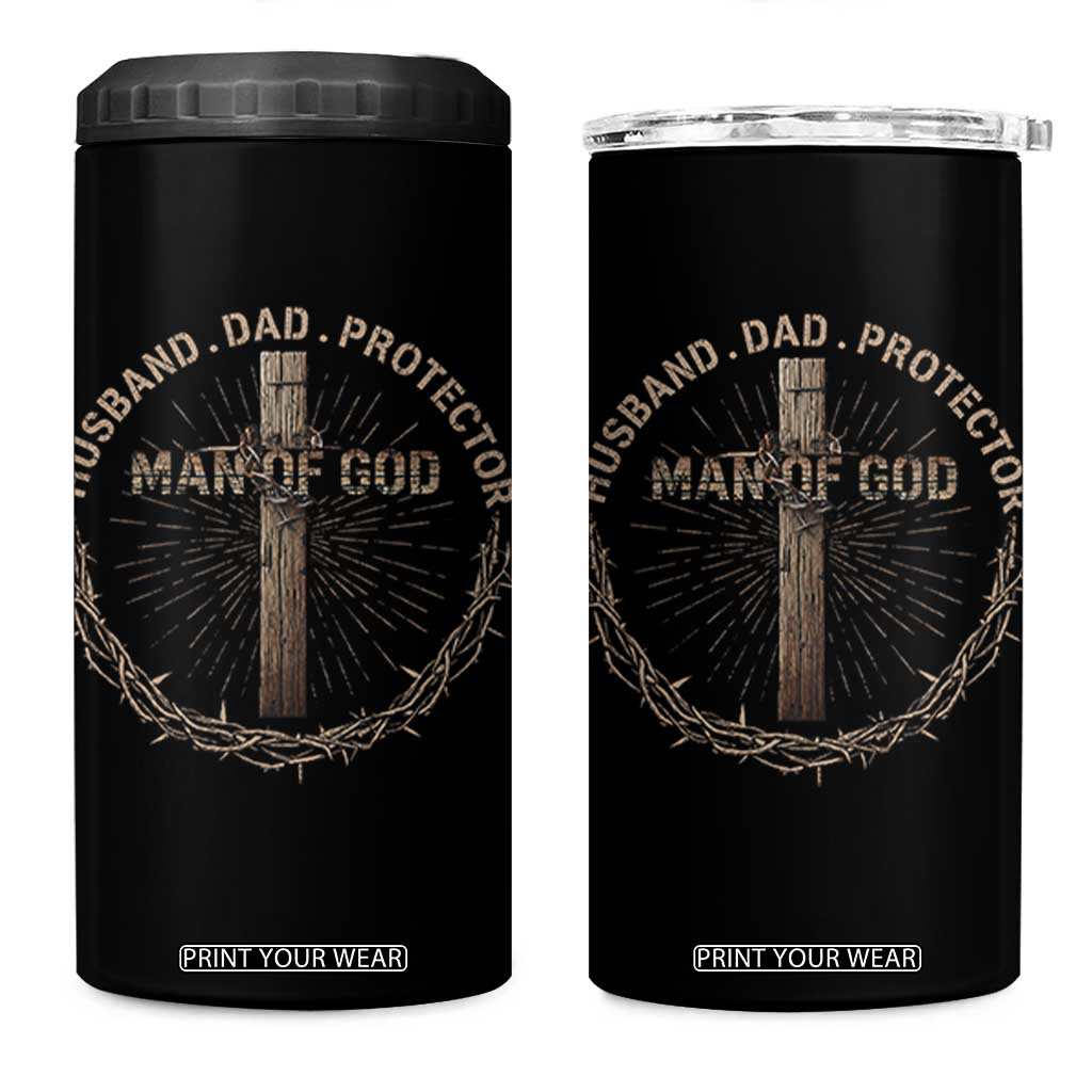 Man Of God Husband Dad Protector 4 in 1 Can Cooler Tumbler Christian Dad Vintage Jesus Cross TS11 One Size: 16 oz Black Print Your Wear