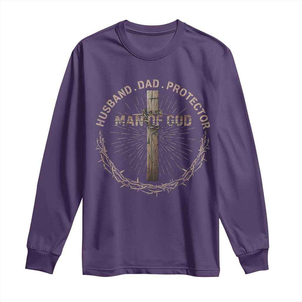 Man Of God Husband Dad Protector Long Sleeve Shirt Christian Dad Vintage Jesus Cross TS11 Purple Print Your Wear