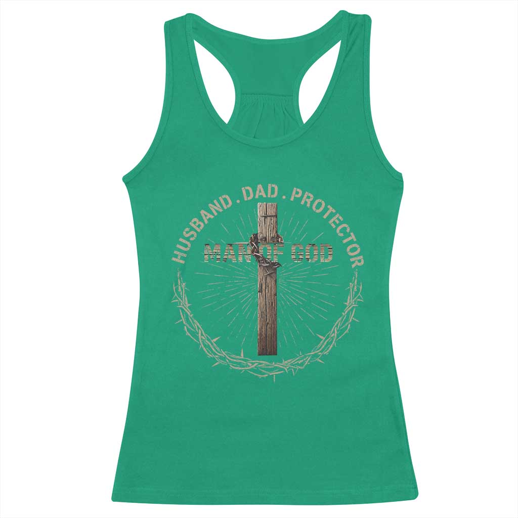 Man Of God Husband Dad Protector Racerback Tank Top Christian Dad Vintage Jesus Cross TS11 Irish Green Print Your Wear