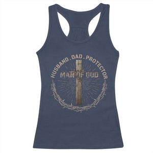 Man Of God Husband Dad Protector Racerback Tank Top Christian Dad Vintage Jesus Cross TS11 Navy Print Your Wear