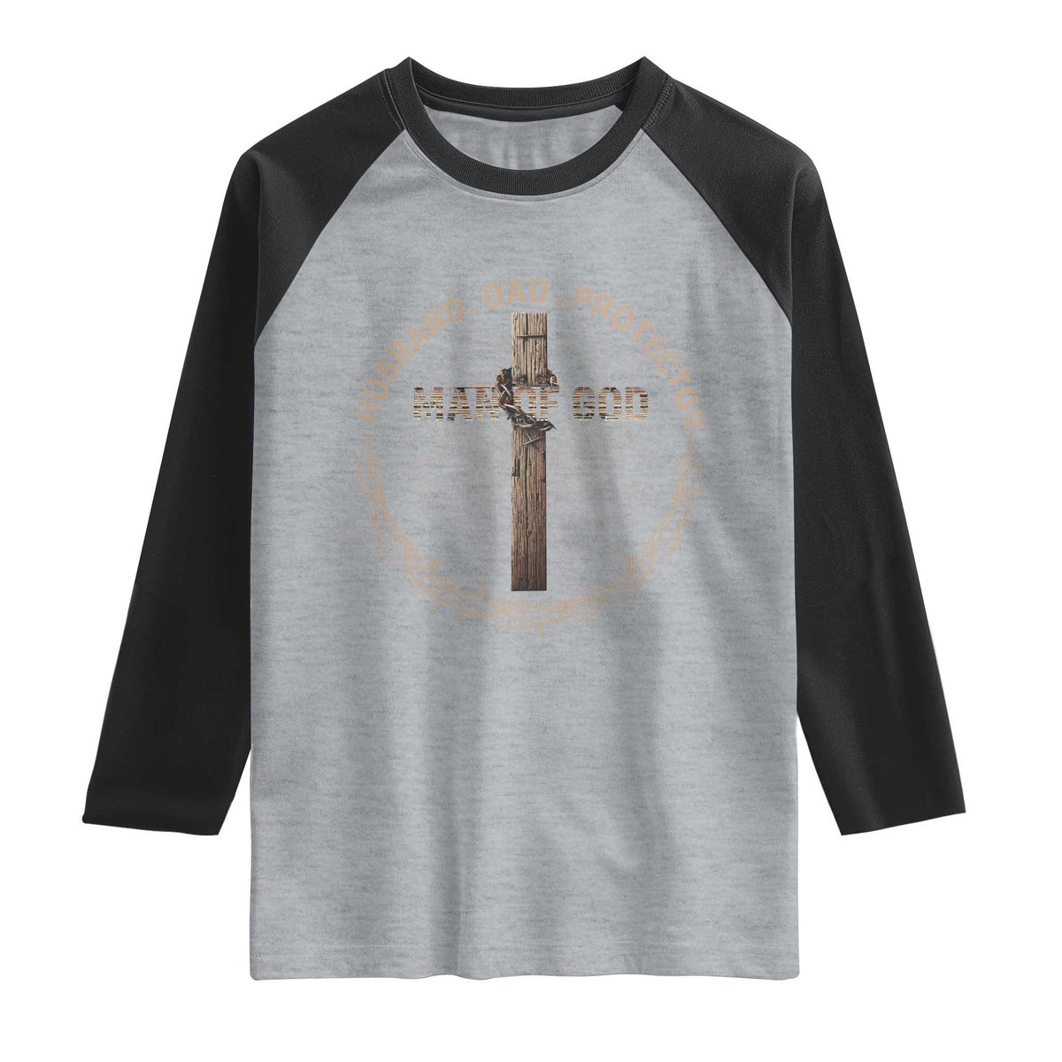 Man Of God Husband Dad Protector Raglan Shirt Christian Dad Vintage Jesus Cross TS11 Heather Gray Black Print Your Wear