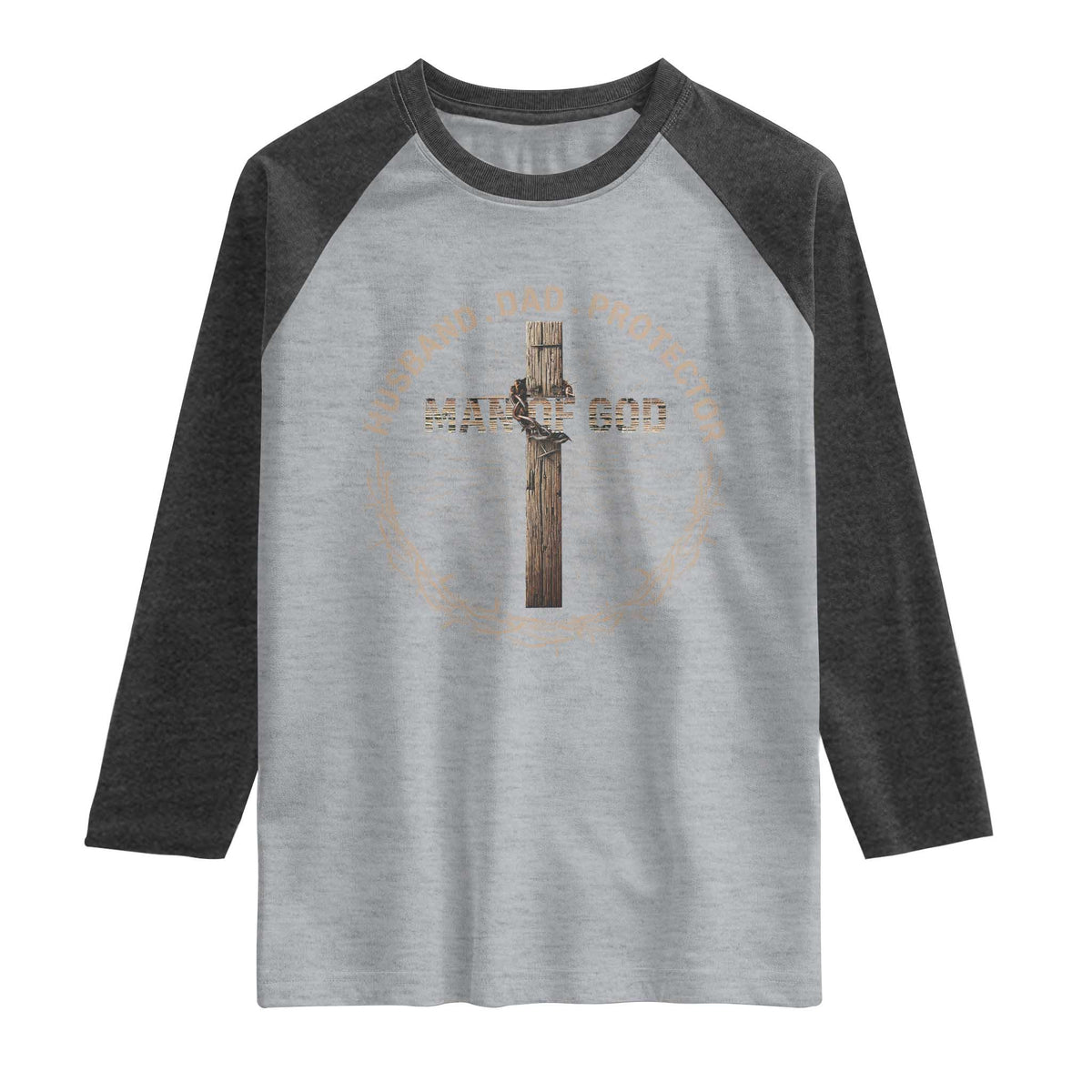 Man Of God Husband Dad Protector Raglan Shirt Christian Dad Vintage Jesus Cross TS11 Heather Gray Heather Charcoal Print Your Wear