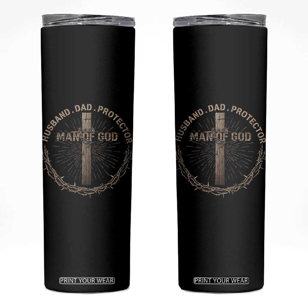 Man Of God Husband Dad Protector Skinny Tumbler Christian Dad Vintage Jesus Cross TS11 Black Print Your Wear