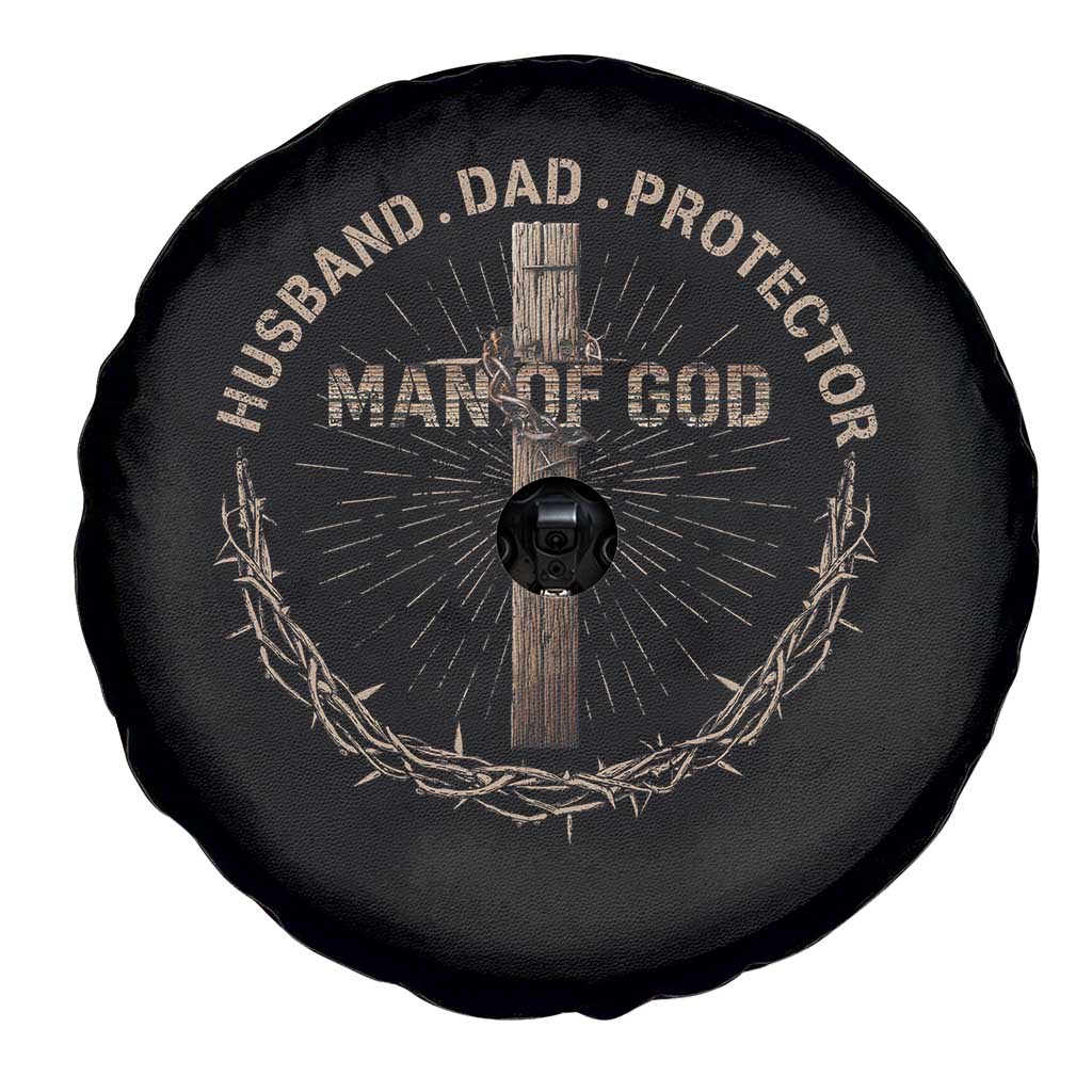Man Of God Husband Dad Protector Spare Tire Cover Christian Dad Vintage Jesus Cross TS11 Print Your Wear