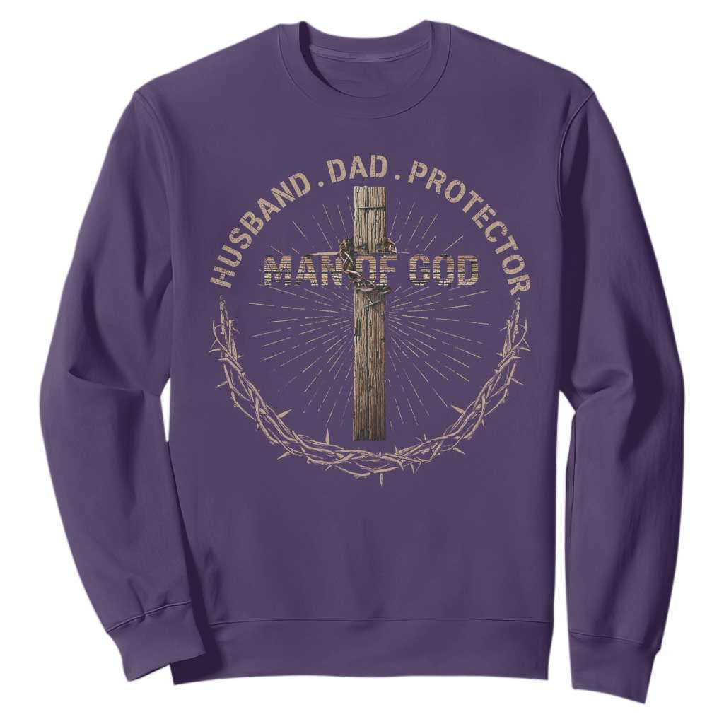 Man Of God Husband Dad Protector Sweatshirt Christian Dad Vintage Jesus Cross TS11 Purple Print Your Wear