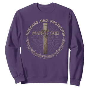 Man Of God Husband Dad Protector Sweatshirt Christian Dad Vintage Jesus Cross TS11 Purple Print Your Wear