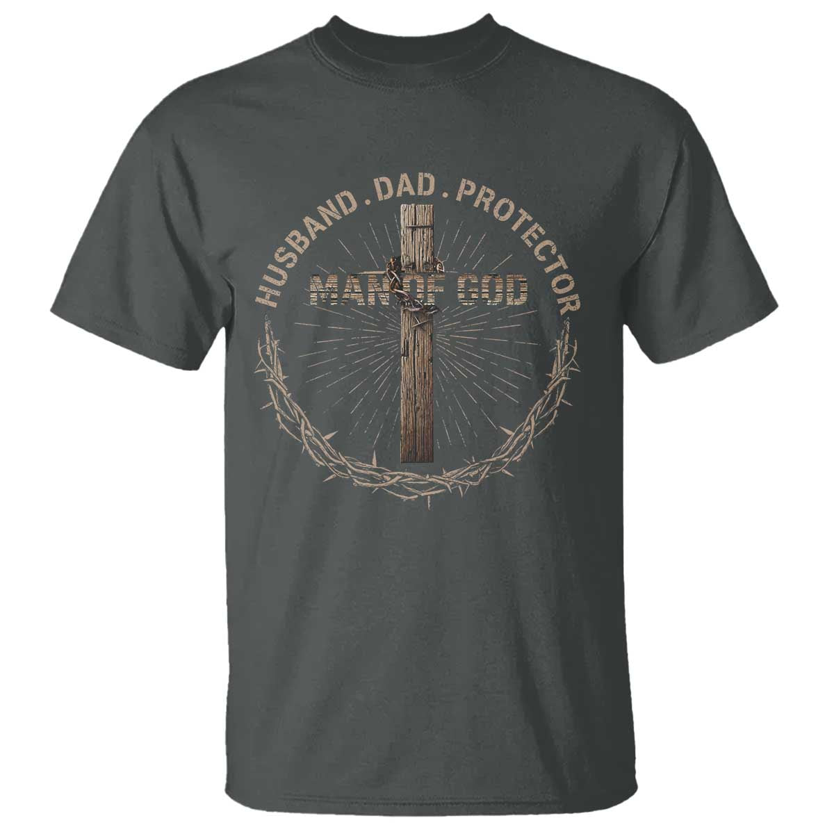 Man Of God Husband Dad Protector T Shirt Christian Dad Vintage Jesus Cross TS11 Dark Heather Print Your Wear