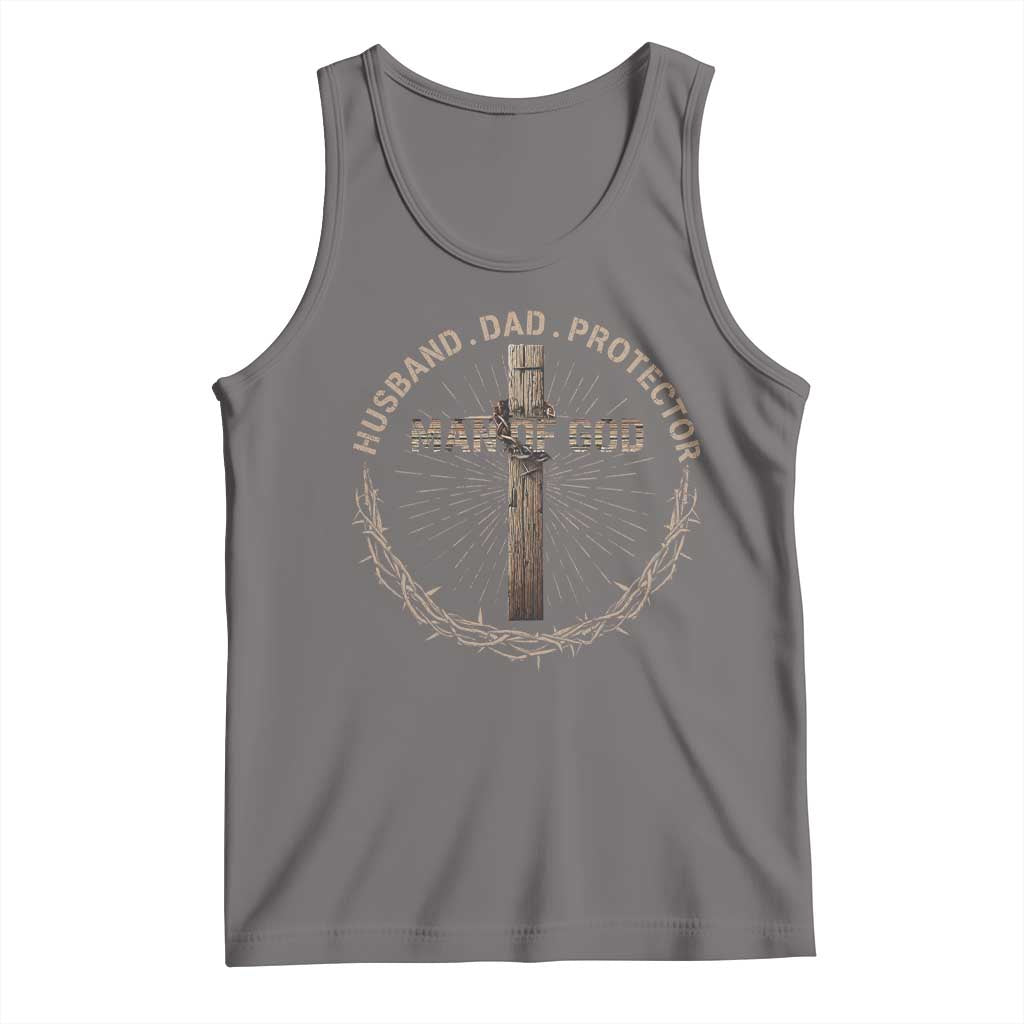 Man Of God Husband Dad Protector Tank Top Christian Dad Vintage Jesus Cross TS11 Deep Heather Print Your Wear