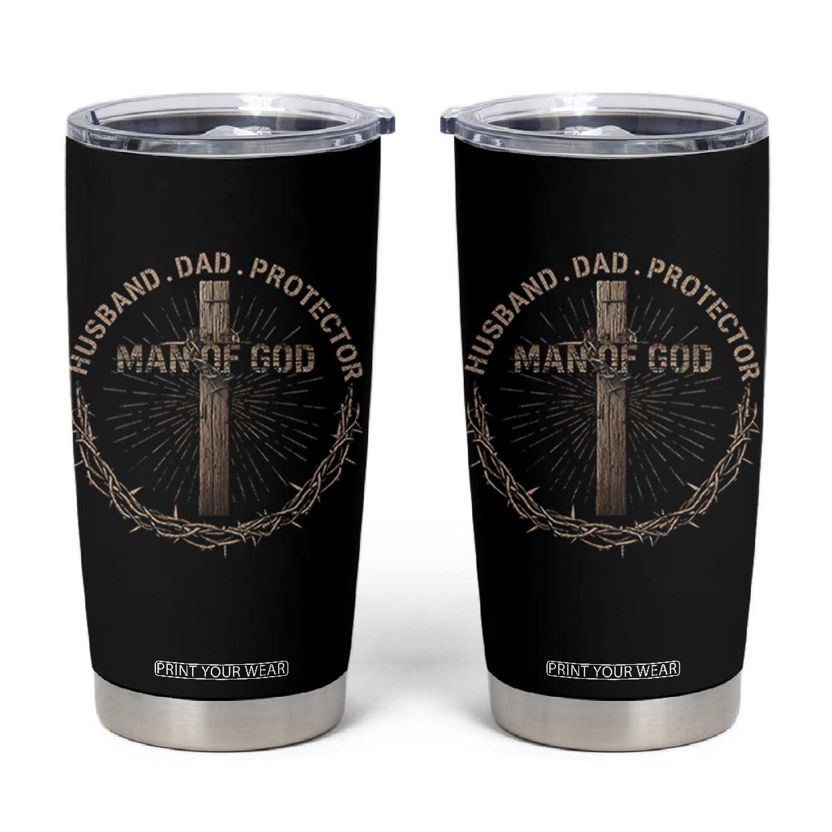 Man Of God Husband Dad Protector Tumbler Cup Christian Dad Vintage Jesus Cross TS11 Black Print Your Wear