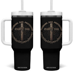 Man Of God Husband Dad Protector Tumbler With Handle Christian Dad Vintage Jesus Cross TS11 One Size: 40 oz Black Print Your Wear