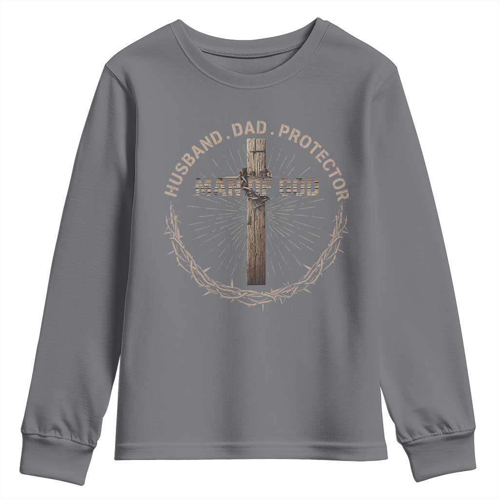 Man Of God Husband Dad Protector Youth Sweatshirt Christian Dad Vintage Jesus Cross TS11 Charcoal Print Your Wear
