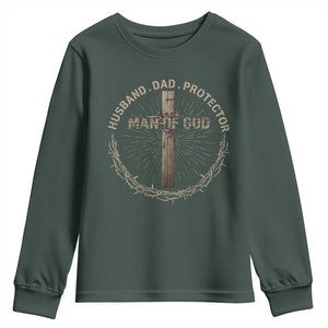 Man Of God Husband Dad Protector Youth Sweatshirt Christian Dad Vintage Jesus Cross TS11 Dark Forest Green Print Your Wear