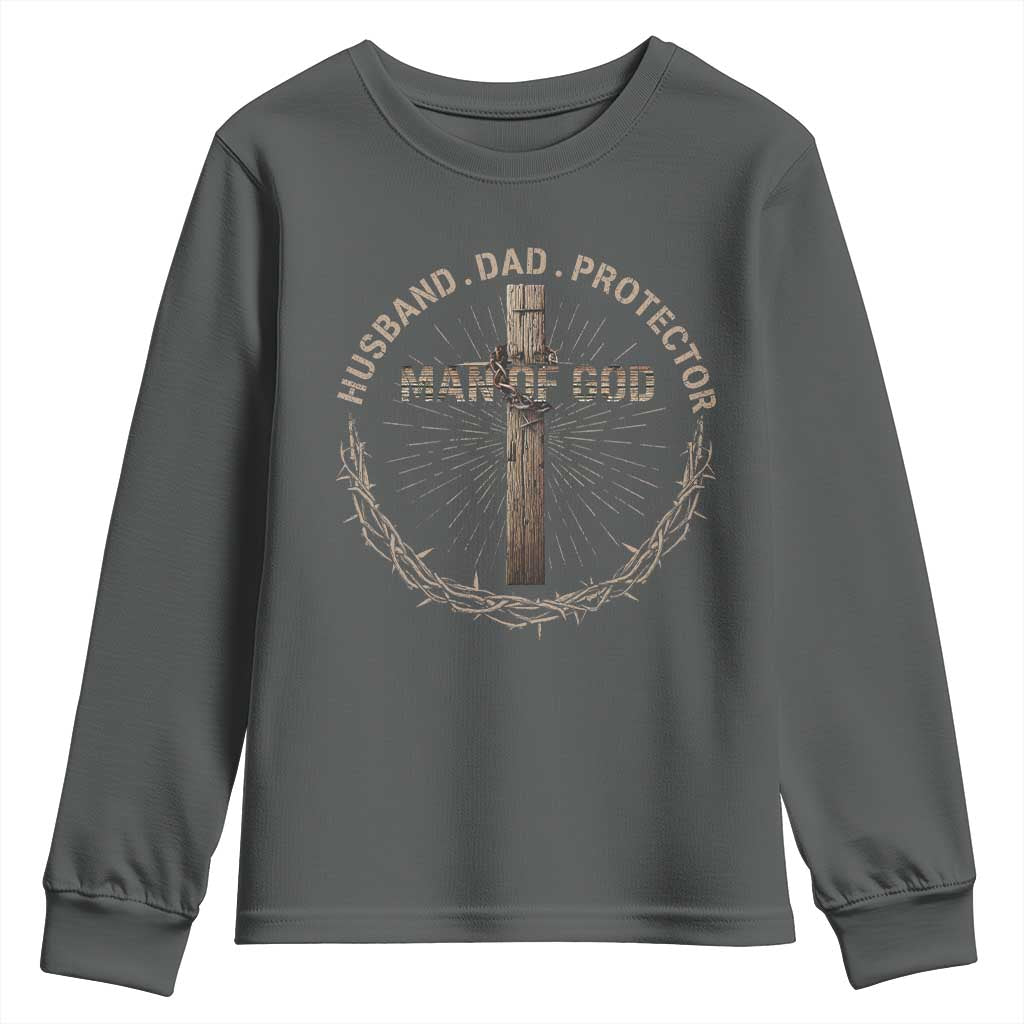 Man Of God Husband Dad Protector Youth Sweatshirt Christian Dad Vintage Jesus Cross TS11 Dark Heather Print Your Wear