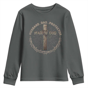 Man Of God Husband Dad Protector Youth Sweatshirt Christian Dad Vintage Jesus Cross TS11 Dark Heather Print Your Wear