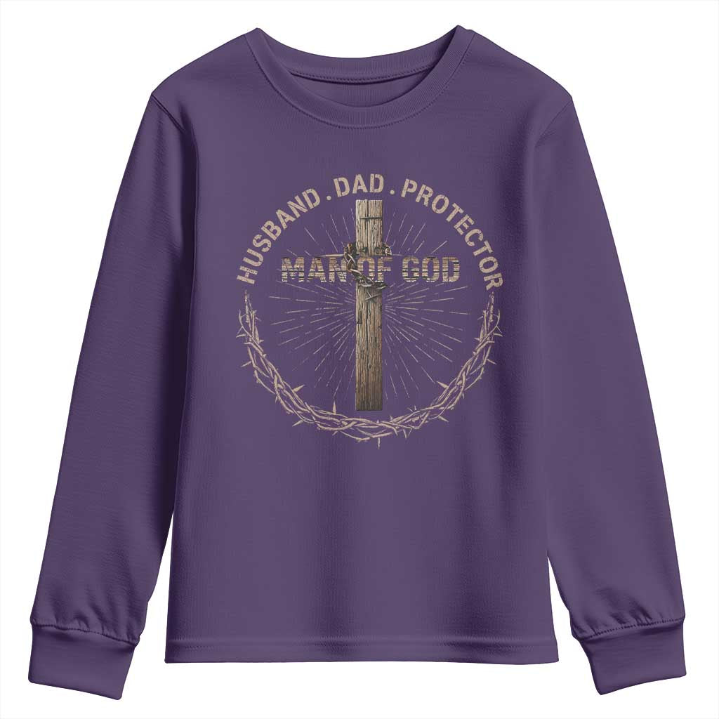 Man Of God Husband Dad Protector Youth Sweatshirt Christian Dad Vintage Jesus Cross TS11 Purple Print Your Wear