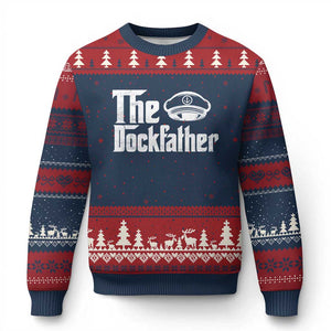 The Dockfather Ugly Christmas Sweater Funny Boat Captain Dad Boating Humor Father's Day TS11 Navy Red Print Your Wear
