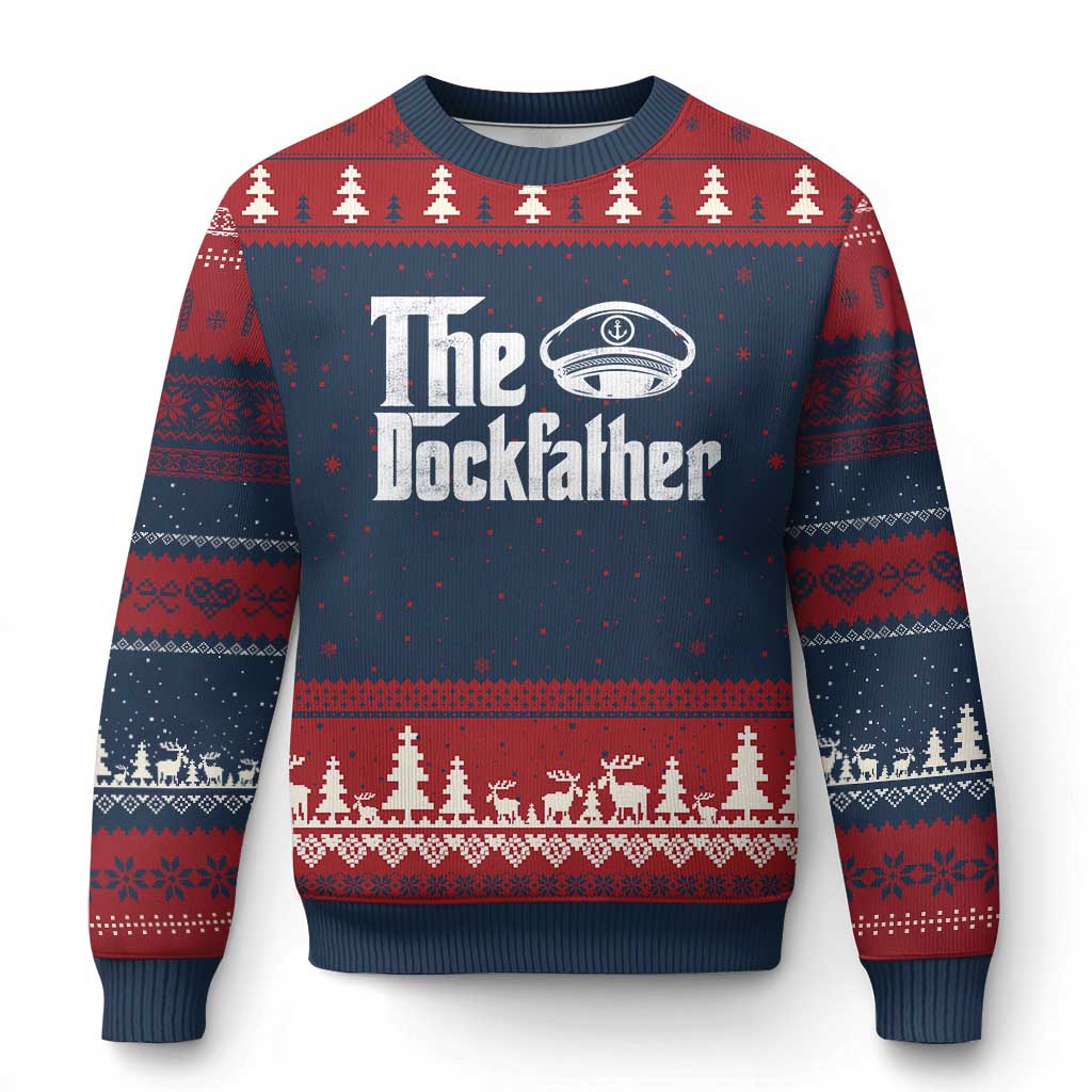 The Dockfather Ugly Christmas Sweater Funny Boat Captain Dad Boating Humor Father's Day TS11 Navy Red Print Your Wear