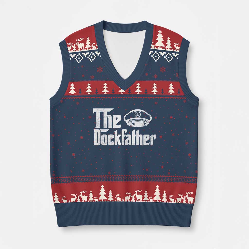 The Dockfather V-Neck Knit Sweater Vest Funny Boat Captain Dad Boating Humor Father's Day TS11 Navy Red Print Your Wear