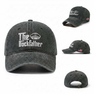 The Dockfather Washed Cotton Baseball Cap Funny Boat Captain Dad Boating Humor Father's Day TS11 Washed Cap Universal Fit Dark Green Print Your Wear
