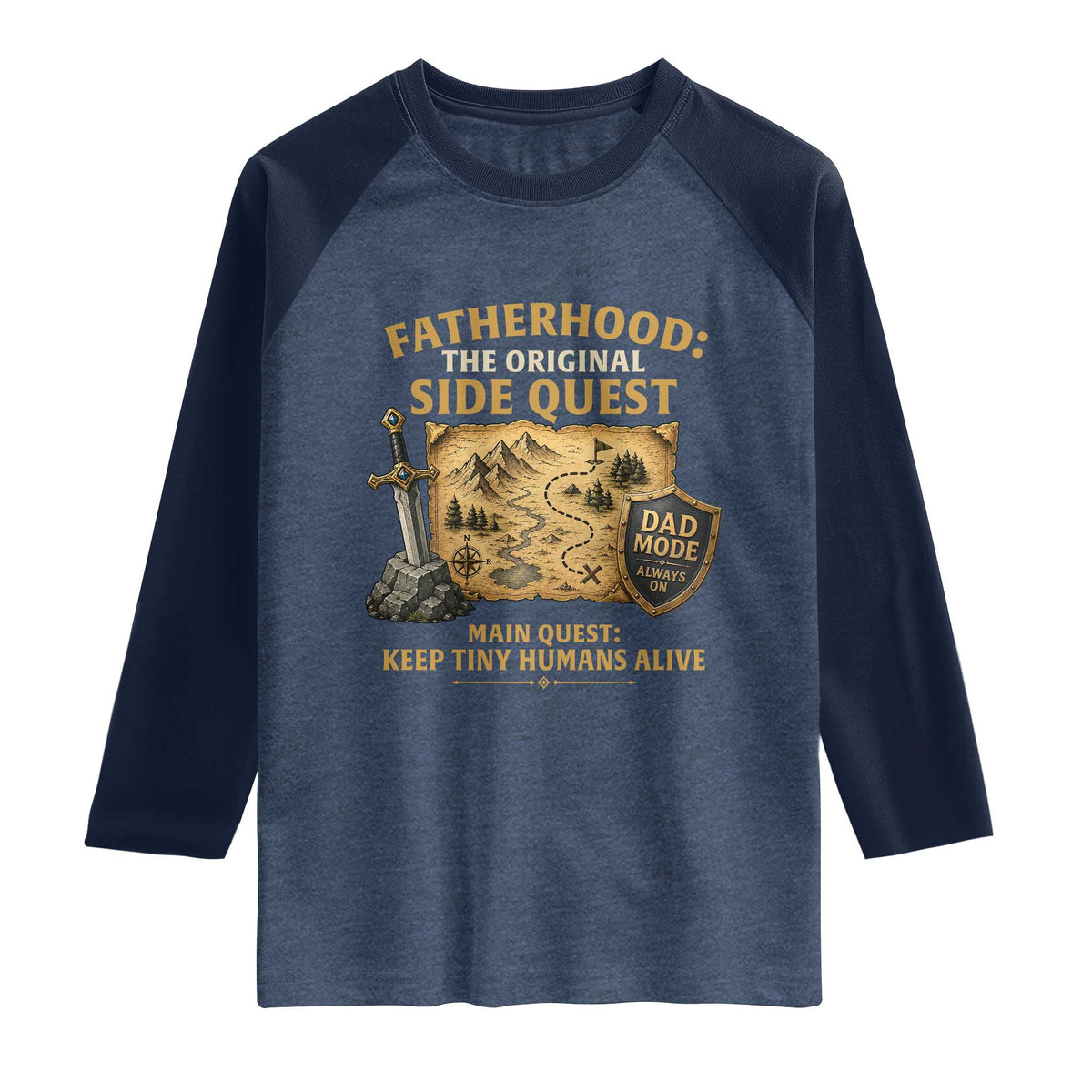 RPG Dad Raglan Shirt Fatherhood The Original Side Quest Dad Mode D20 Tabletop Games TS11 Heather Denim Navy Print Your Wear