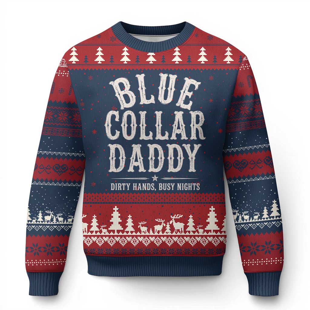Blue Collar Daddy Dirty Hands Busy Nights Ugly Christmas Sweater Mechanic Dad Father's Day Gifts TS11 Navy Red Print Your Wear