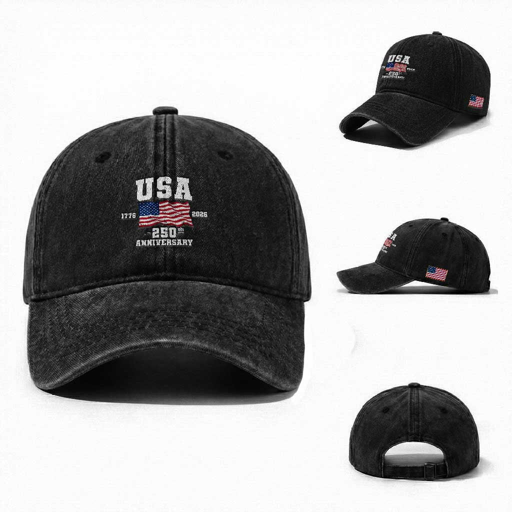250th Anniversary USA 4th of July America US Flag Patriotic Washed Cotton Baseball Cap TS11 Washed Cap Universal Fit Black Print Your Wear