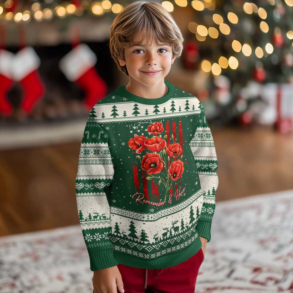 Remember And Honor Memorial Day Ugly Christmas Sweater Red Poppy Flowers TS11 Forest Green Beige Print Your Wear