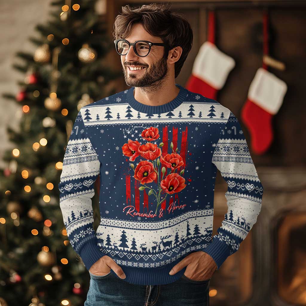 Remember And Honor Memorial Day Ugly Christmas Sweater Red Poppy Flowers TS11 Navy Beige Print Your Wear